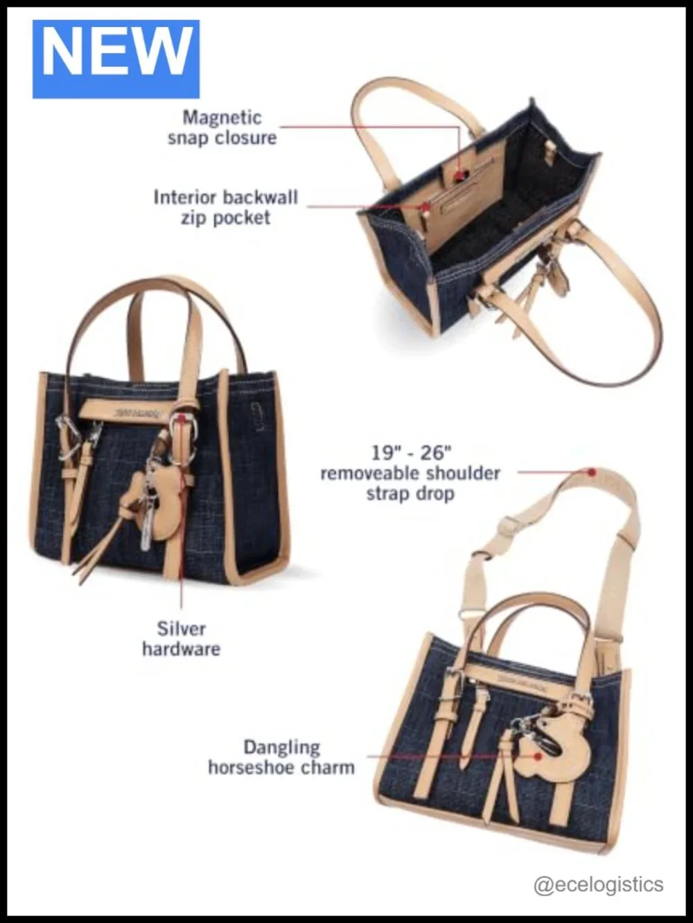 Denim Mini Tote Bag with Horseshoe Charm - Crossbody
